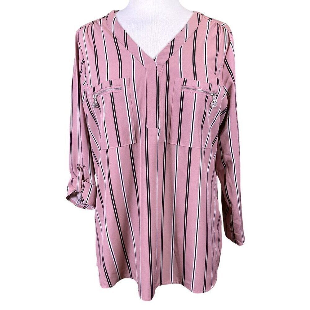 Adrienne Vittadini 3/4 Tab Sleeve V-Neck Pink Striped Pullover Zip Pockets LG